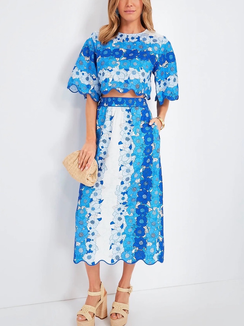 FARM Rio Flowers Stripes Blue & White Midi Skirt